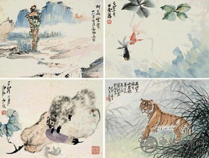 汪亚尘 俞剑华等 雪泥鸿爪 册页(8开选4) 设色纸本