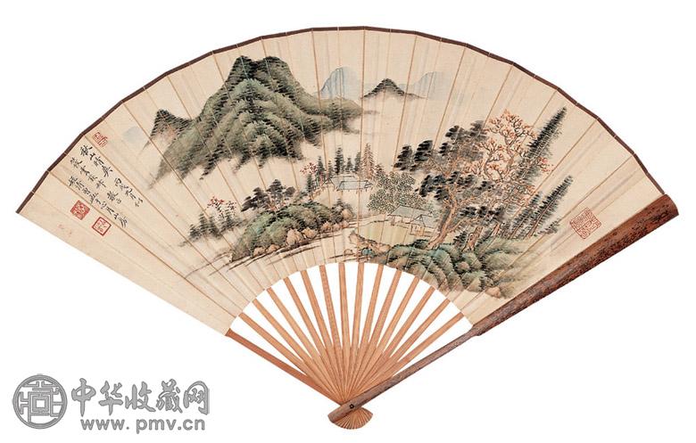 秦淦 丁辅之 1946年作 秋山晴爽图 商卜文字 成扇 设色纸本