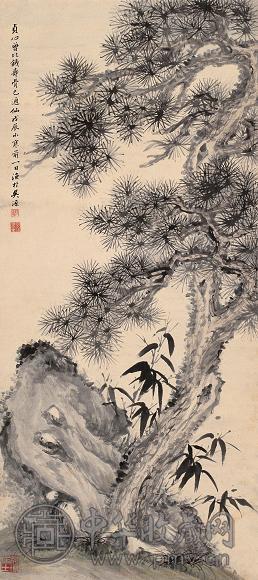 吴华源 戊辰(1928年)作 松竹寿石图 轴 设色纸本