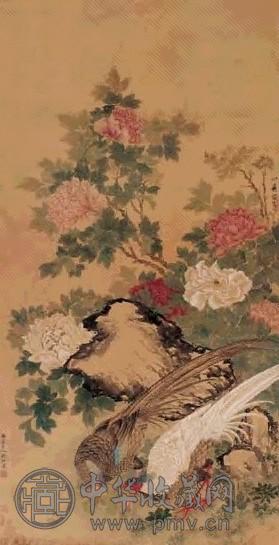 沈铨 锦鸡牡丹 立轴 绢本