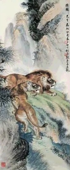 熊松泉 1933年作 双狮图 立轴