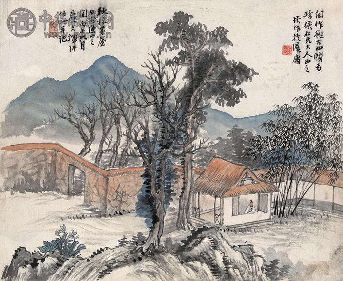 陆恢 1906年作 秋林茅屋 框 设色纸本