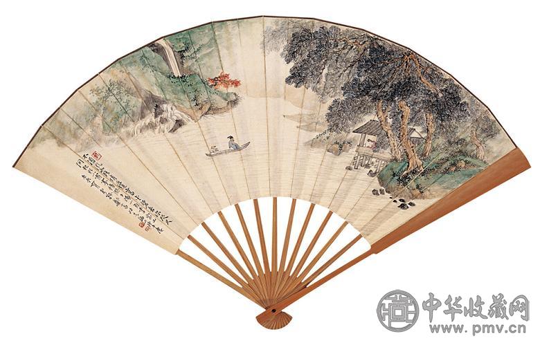郑午昌 庚辰(1940年)作 溪山泛舟 成扇 设色纸本