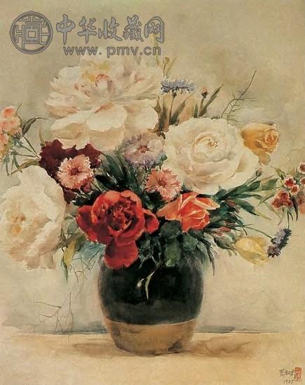 萧淑芳 1955年 花卉 纸本 水彩