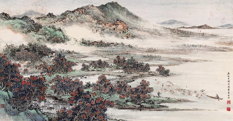 吴琴木 陈涓隐 费新我 春山沉暮图 镜心 设色纸本