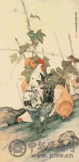 刘奎龄 1932年 瓜荫群鸡图 立轴 设色纸本