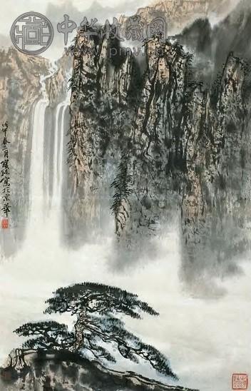 刘宝纯 1978年 松瀑图 片 设色纸本