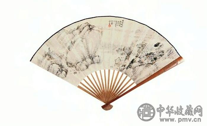 陈摩 刘照 山水 书法 成扇 纸本