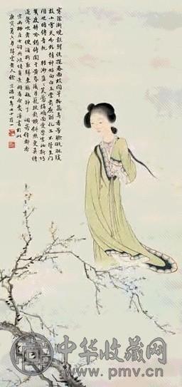俞明 梅花仕女 立轴 设色纸本