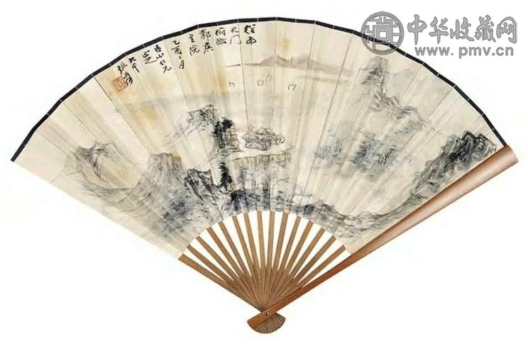 张大千 1945年作 秋江帆影 成扇 设色纸本