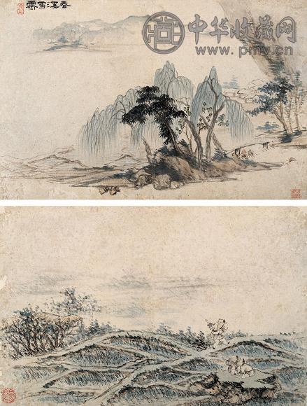 汤贻汾 山水人物 册页(10开选2) 纸本