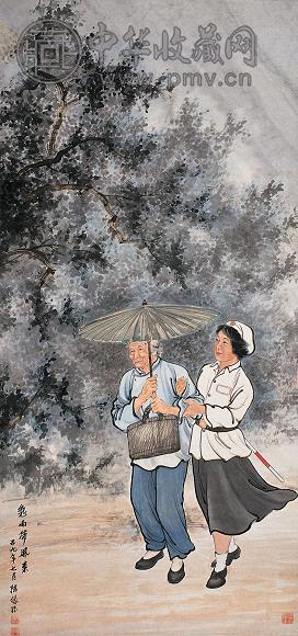 陈缘督 急雨带风来 立轴 设色纸本