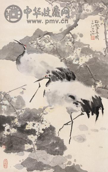 宋成德 2002年作 梅鹤争春图 镜心 设色纸本