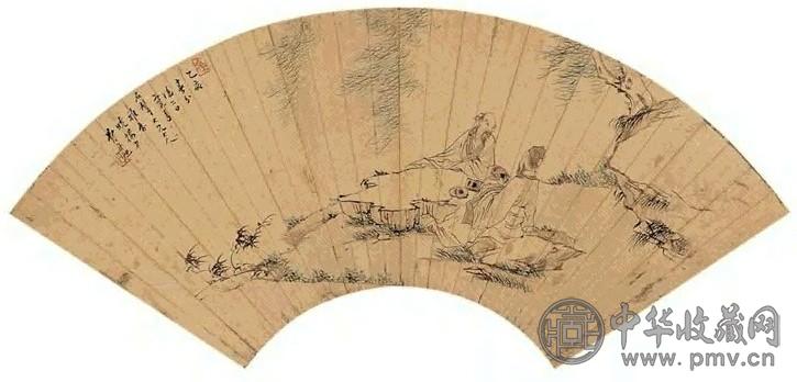 费丹旭 1815年作 东坡玩砚 扇面 设色泥金