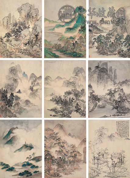 张宏 拟古山水册 册页(9开) 设色纸本