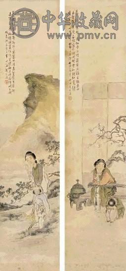 沈心海 人物 对屏 设色绢本