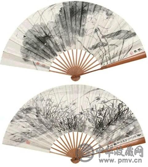 汤涤 1944年作 幽兰 墨荷 扇面 水墨纸本