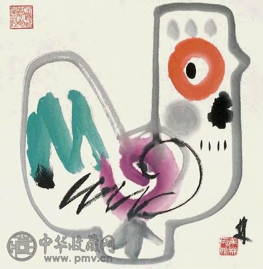 韩美林 鸡 镜心 设色纸本