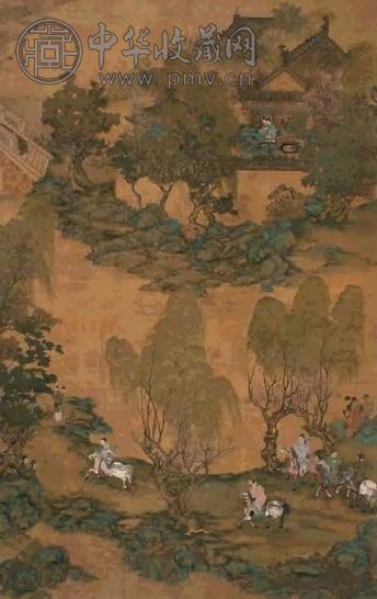 仇英 陌上竞马图 立轴 纸本