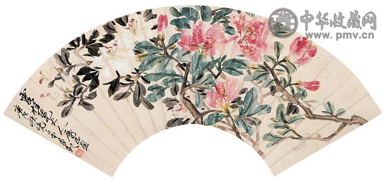 赵云壑 1910年作 花卉图 扇片 设色纸本