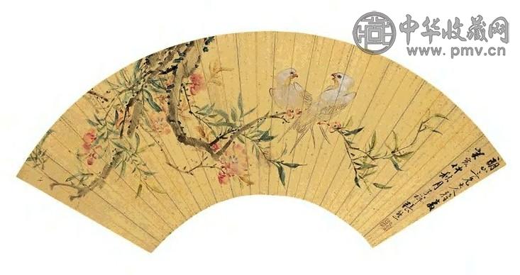 张熊 1863年作 桃花双鸟图 扇面 金笺设色