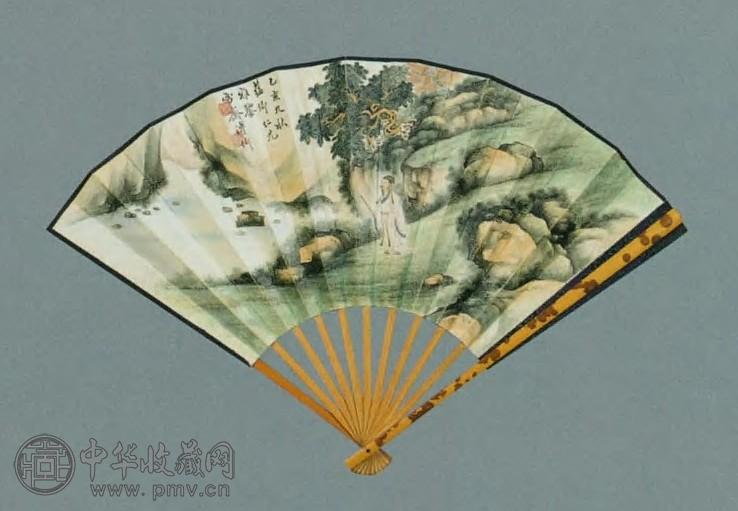 溥伒 现代 秋暮策杖 成扇