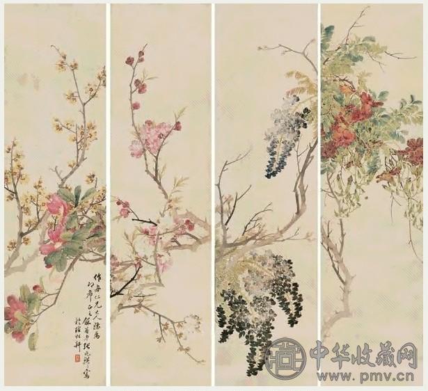 彭旸 丁卯(1927年)作 四时花卉 立轴 设色纸本