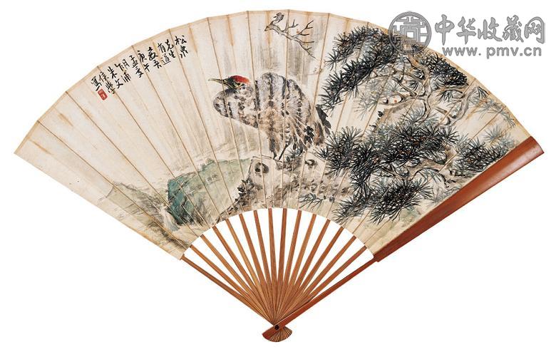 朱文侯 1930年作 松鹤延年 成扇 设色纸本