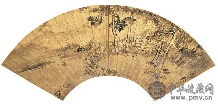 张宏 桐屋凭眺 扇面 水墨泥金纸本