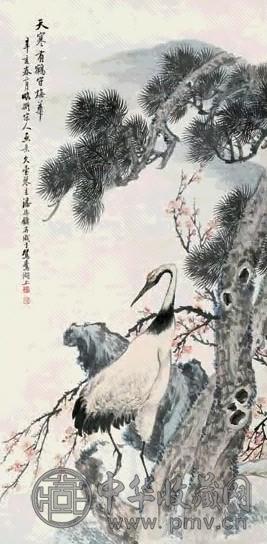 潘振镛 1911年作 天寒有鹤守梅花 立轴 设色纸本