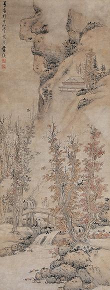 蓝瑛 秋林策杖 立轴 设色纸本
