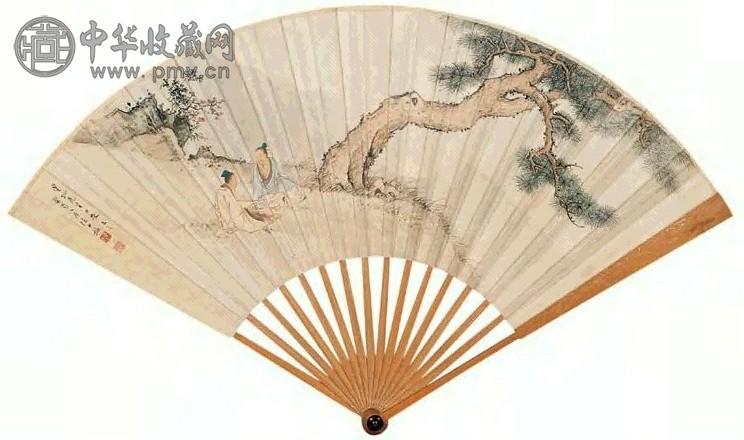 陈少梅 1933年作 松下高士 成扇 设色纸本