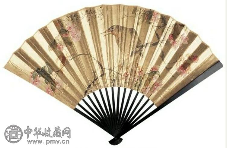 王礼 花鸟书法 扇面 金笺