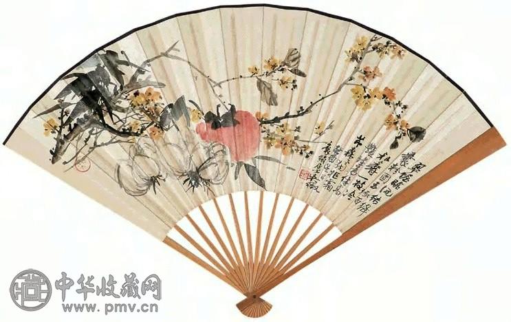 1933年 吴待秋 岁朝风味图并行书行书七言诗 成扇 设色纸本