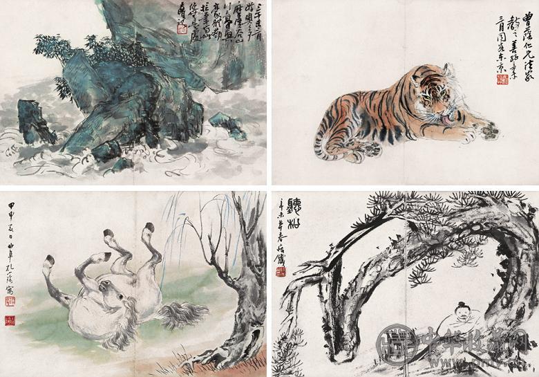 张善孖 孔小瑜 钱瘦铁等 花鸟山水集册 册页(8开选4) 设色纸本