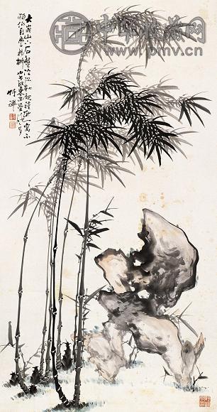 竹禅 竹石图 立轴 设色纸本