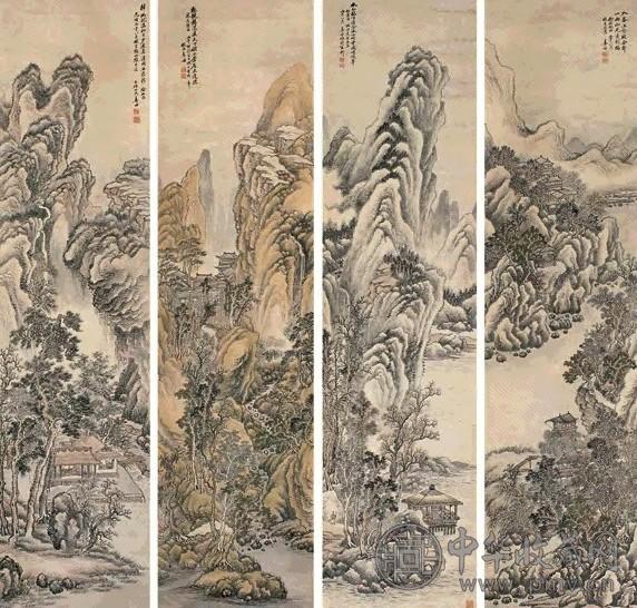 姜筠 丙午(1906年)作 山水 四屏 设色纸本