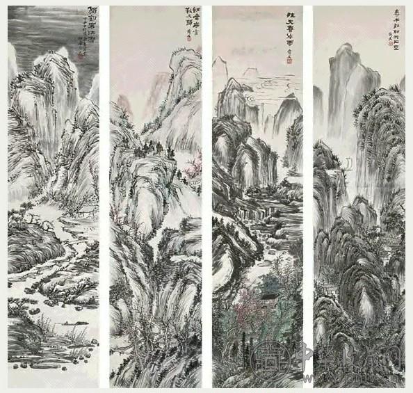 姚华 1924年作 四季山水 四屏 设色纸本