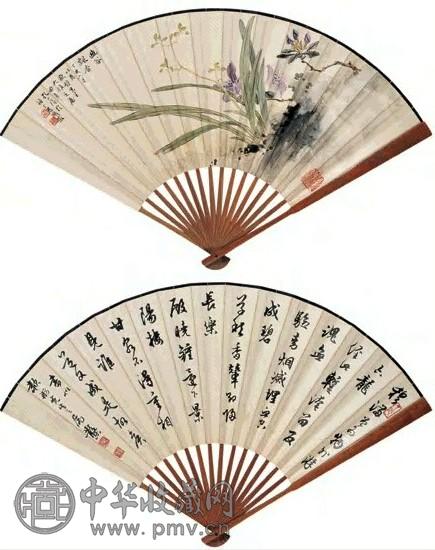 孔小瑜 邓散木 幽谷飘香图 行书七言诗 成扇 设色纸本