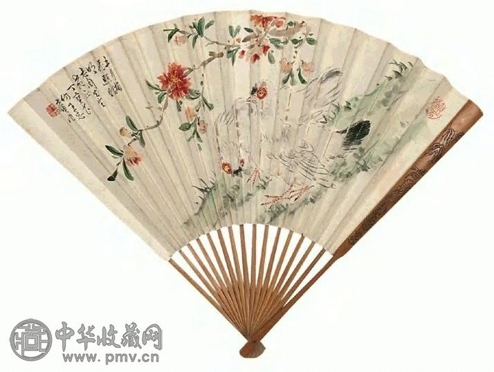 丁宝书 双鸡(背面郑孝胥书法) 成扇 设色纸本