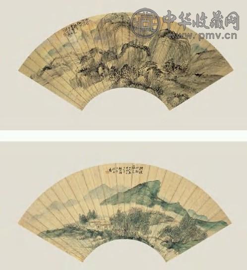 杨伯润 1870、1874年作 山水(2件) 扇面 金笺