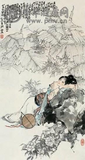 韩敏 1989年 蕉荫仕女图 立轴 设色纸本