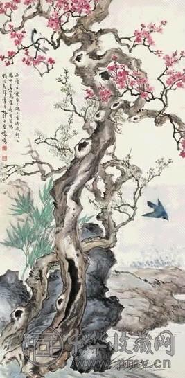 王师子 罗浮青鸟图 立轴 设色纸本