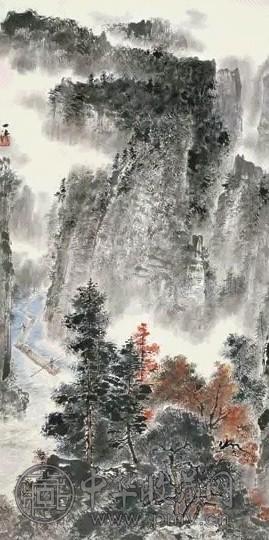 陶一清 山涧摆渡图 立轴 设色纸本