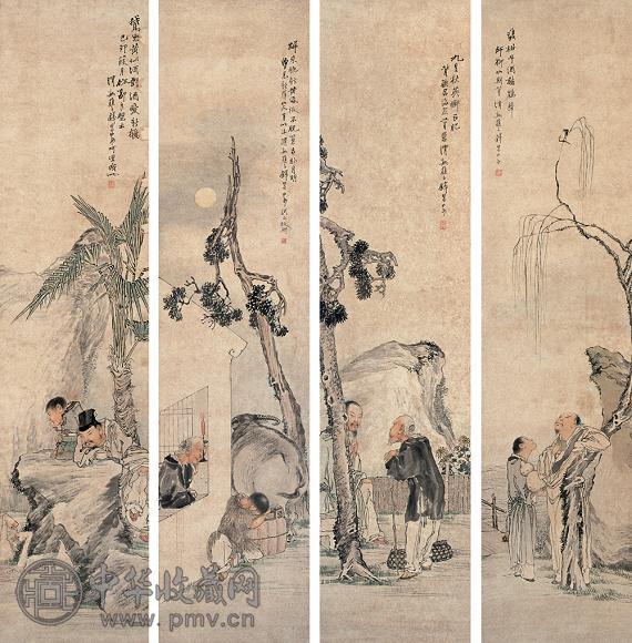 钱慧安 人物 四屏 设色纸本