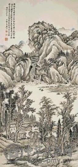 姜筠 1913年作 山居访友 立轴 设色纸本