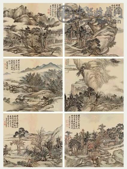 弘旿 乾隆庚戊(1790年)作 山水 册页(8开选6) 设色纸本