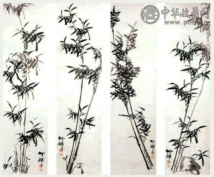 竹禅 墨竹 四屏