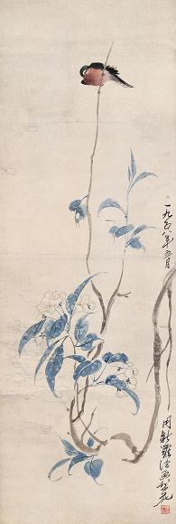 陈子庄 1958年作 花鸟 立轴 设色纸本