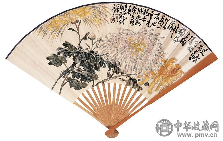 谢公展 秋艳图并书 成扇 设色纸本
